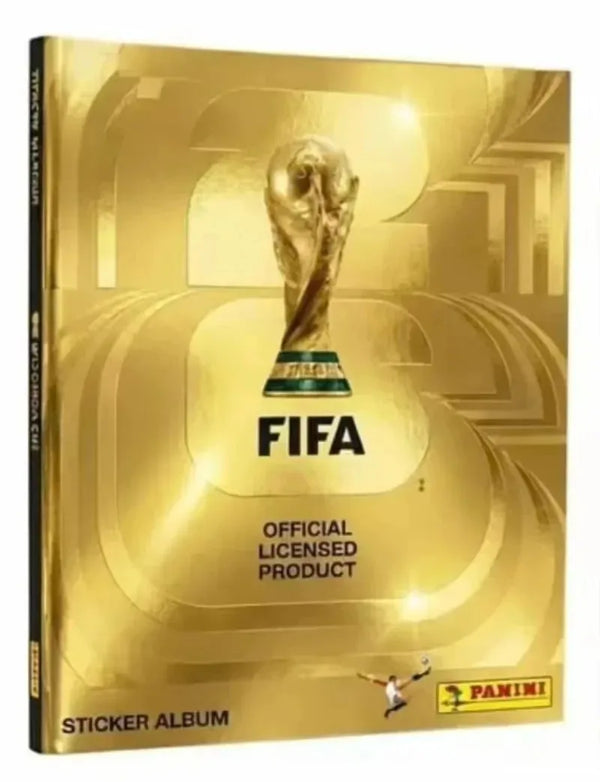 A gold-colored sticker album featuring a FIFA World Cup trophy design.