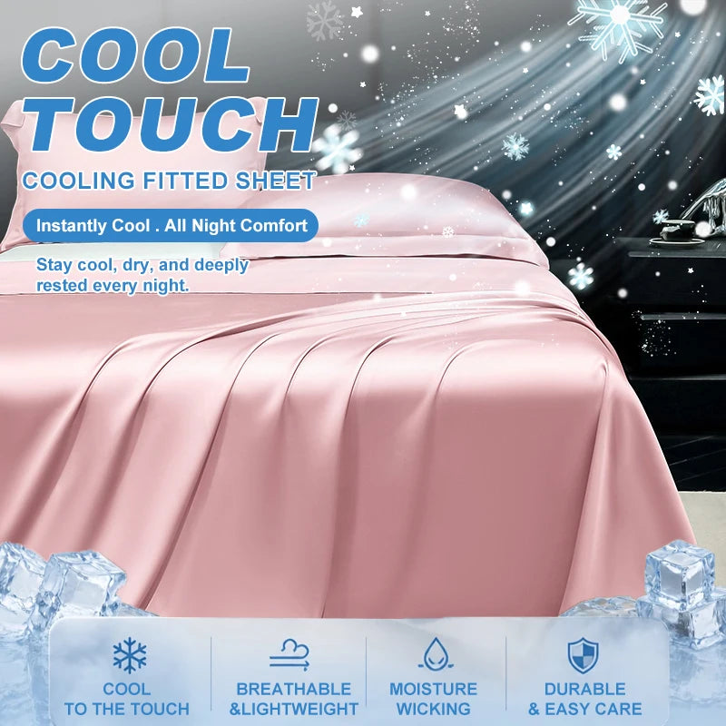 Pink cooling fitted sheet with ice graphics and text promoting cool touch and comfort.