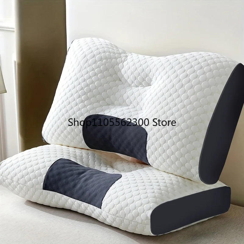 A white and dark gray adjustable ergonomic neck support pillow resting on a light-colored surface.