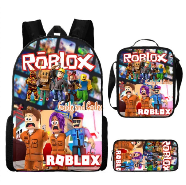 A set of retro cartoon school bags featuring Roblox characters and themes.