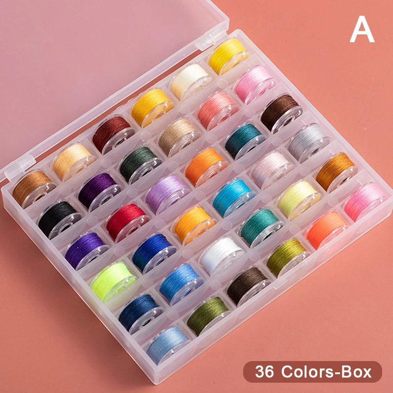 A box containing 36 assorted colored sewing bobbins arranged in a diamond pattern.