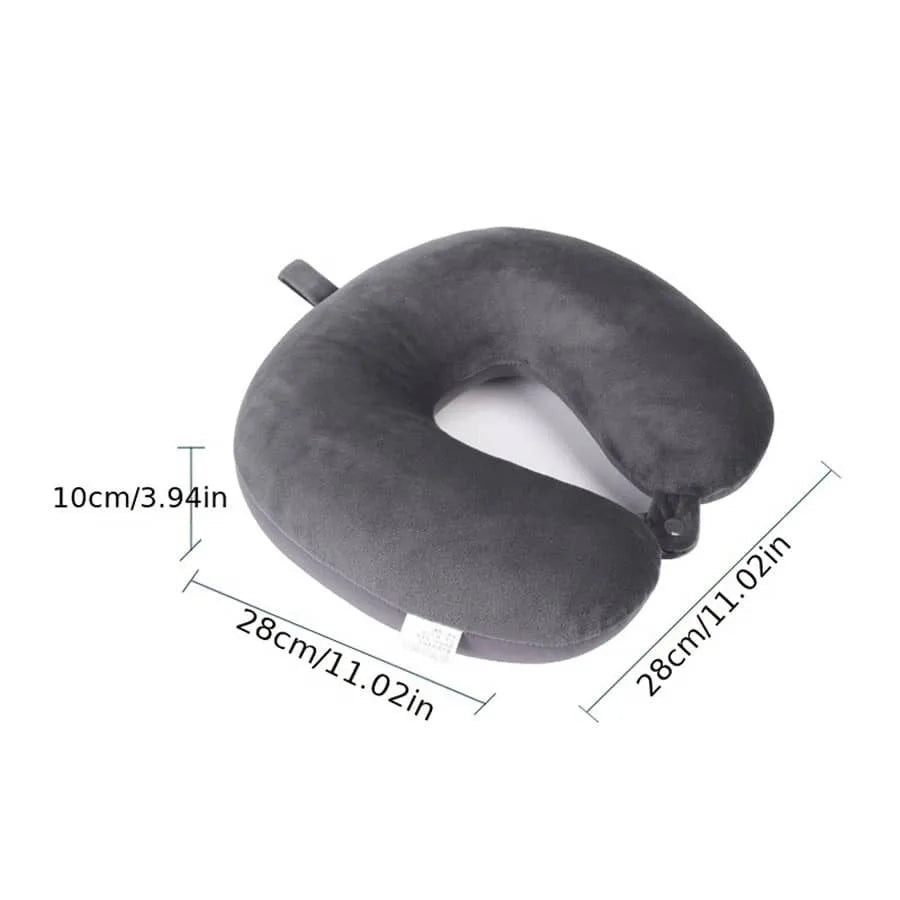 A dark gray bamboo fiber U-shaped travel neck pillow shown with dimensions.