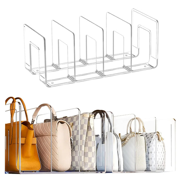 A clear plastic storage organizer rack holding several handbags and accessories.
