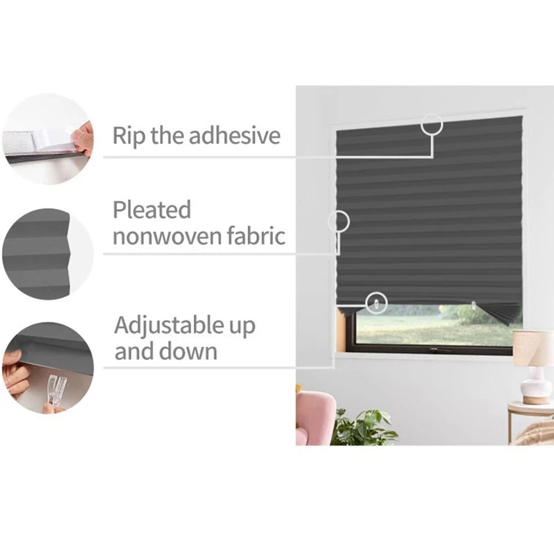 Diagram showing the steps to install pleated nonwoven fabric blackout curtains.