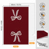 Front view of a maroon kitchen towel with white bow designs, showing features like high water absorption and fade resistance.
