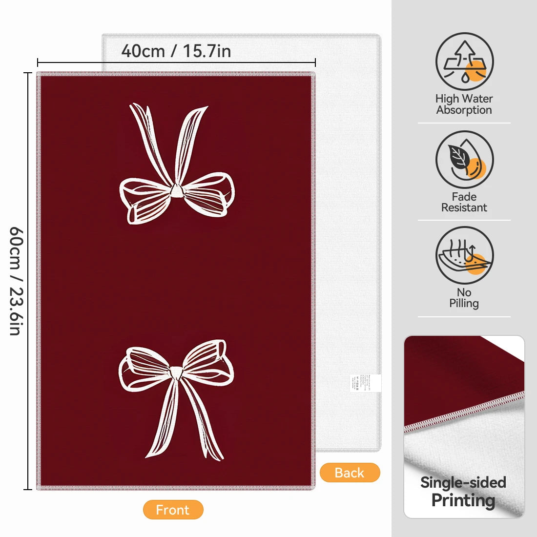 Front view of a maroon kitchen towel with white bow designs, showing features like high water absorption and fade resistance.