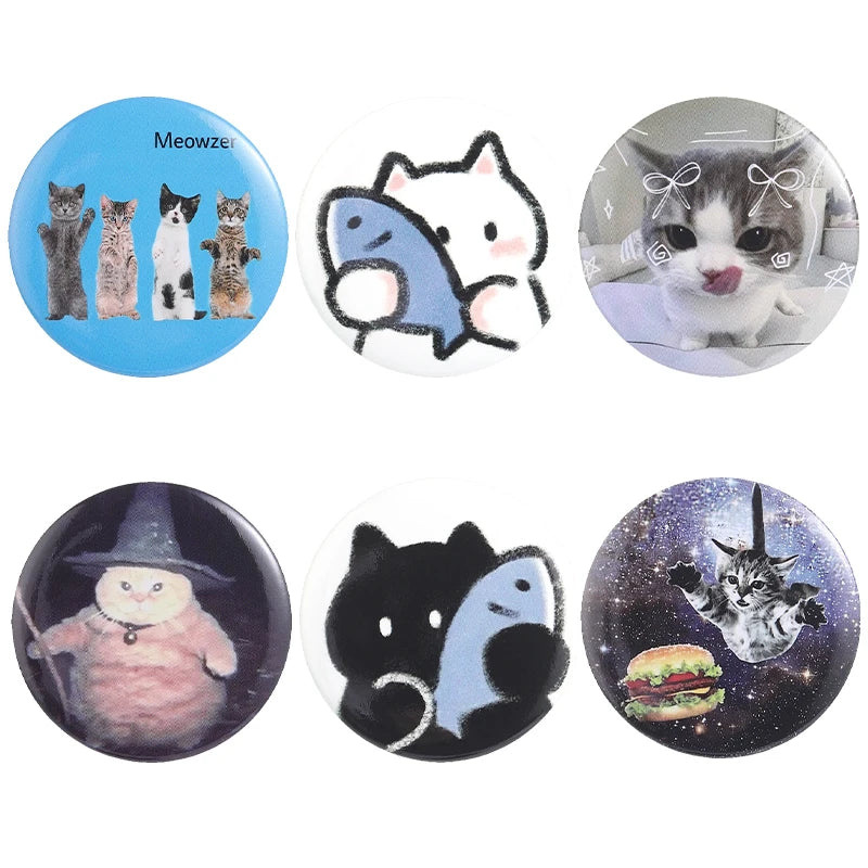 A set of tinplate pins featuring cute cartoon and realistic depictions of cats and other animals.