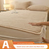 Rabbit velvet milk velvet strip fitted sheet in beige color being touched on a bed