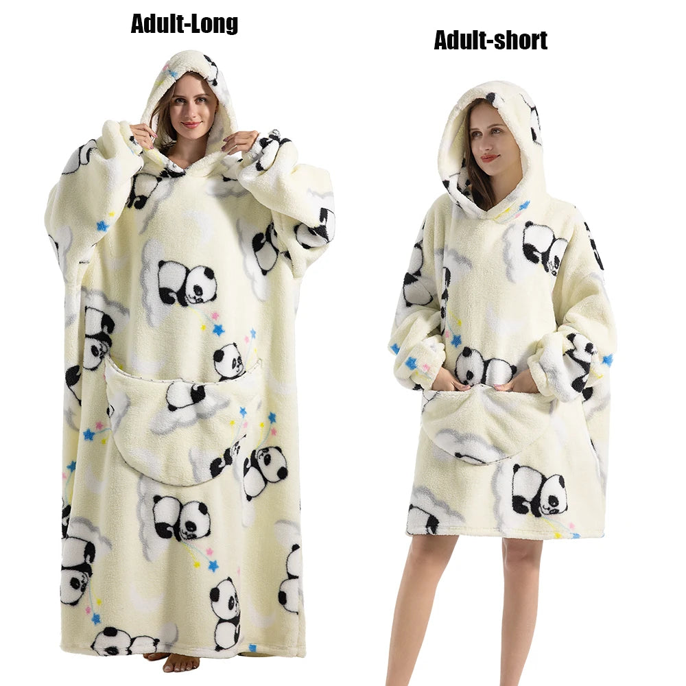 A comparison of an adult-long and adult-short plush fleece blanket hoodie featuring black and white panda patterns.
