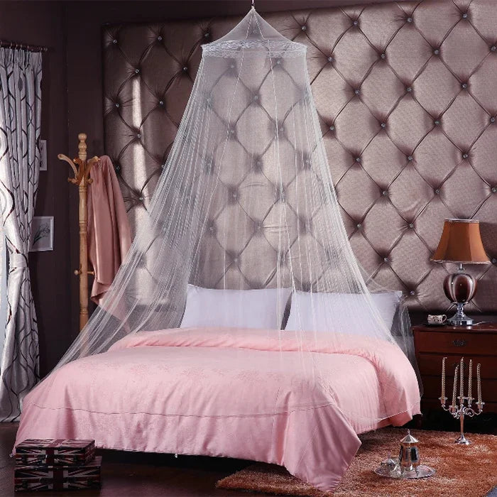 A large sheer dome mosquito net covers a bed in a bedroom with a tufted headboard.