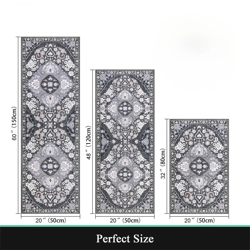 A set of three rectangular Bohemian anti-slip floor rugs shown with their dimensions.