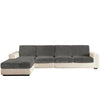 A modern sectional sofa in gray fabric with cream upholstery and anti-slip cushions.