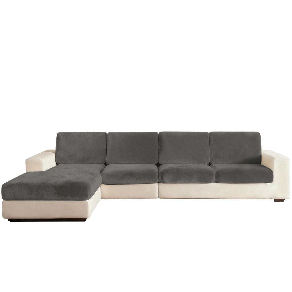 A modern sectional sofa in gray fabric with cream upholstery and anti-slip cushions.