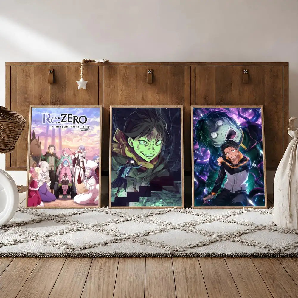 Anime R-Zero Subaru Rem wall decor featuring colorful anime prints displayed on wooden cabinets.