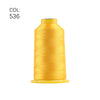 A spool of bright yellow embroidery thread with a blue tip.