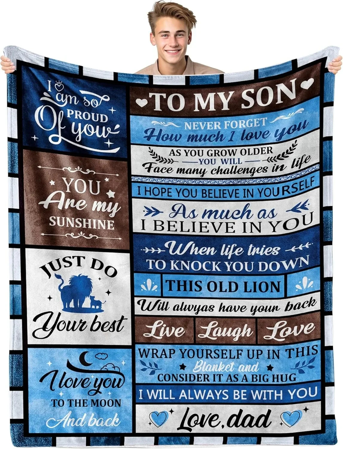 A dark blue knit blanket featuring inspirational text for a son including messages of love and pride