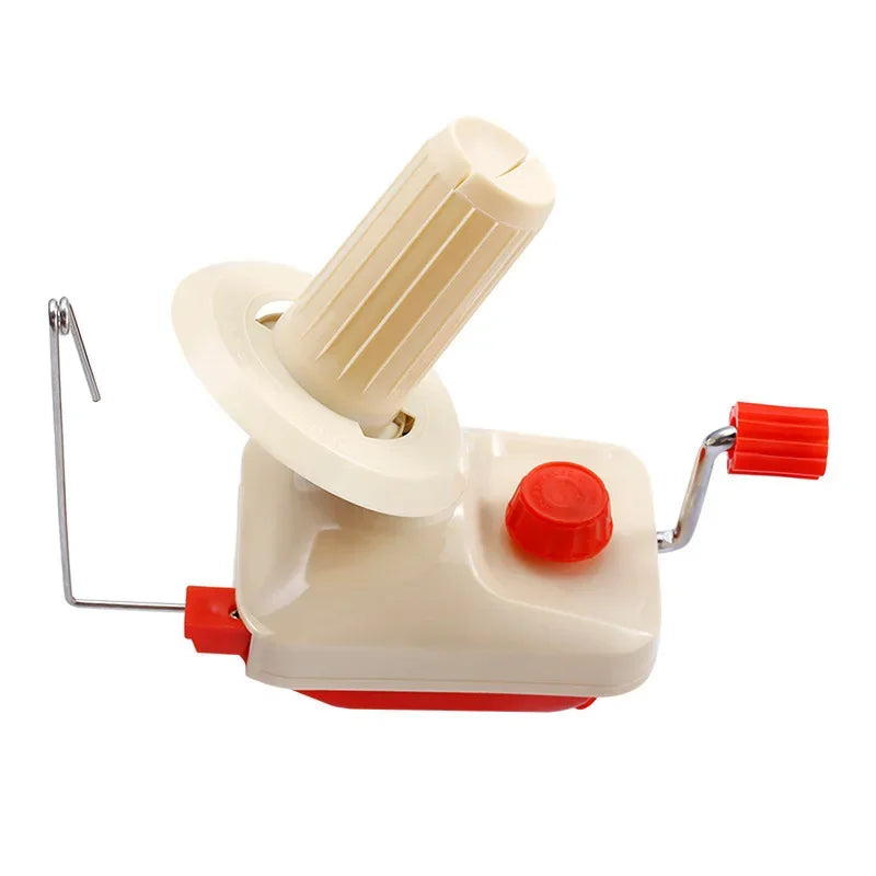 A beige hand-operated wool yarn winder with a ribbed spindle and a red knob.