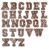 A full alphabet set of iron-on patches featuring a leopard print design.