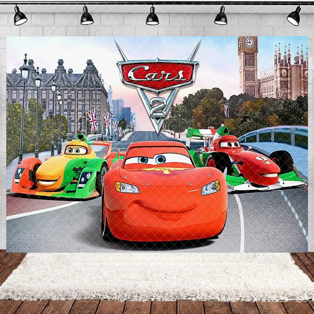 A vibrant Cars cartoon backdrop featuring Lightning McQueen and other race cars in a city setting.