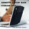 A laptop is shown with an adhesive back storage bag attached to the bottom, featuring flat stickers.
