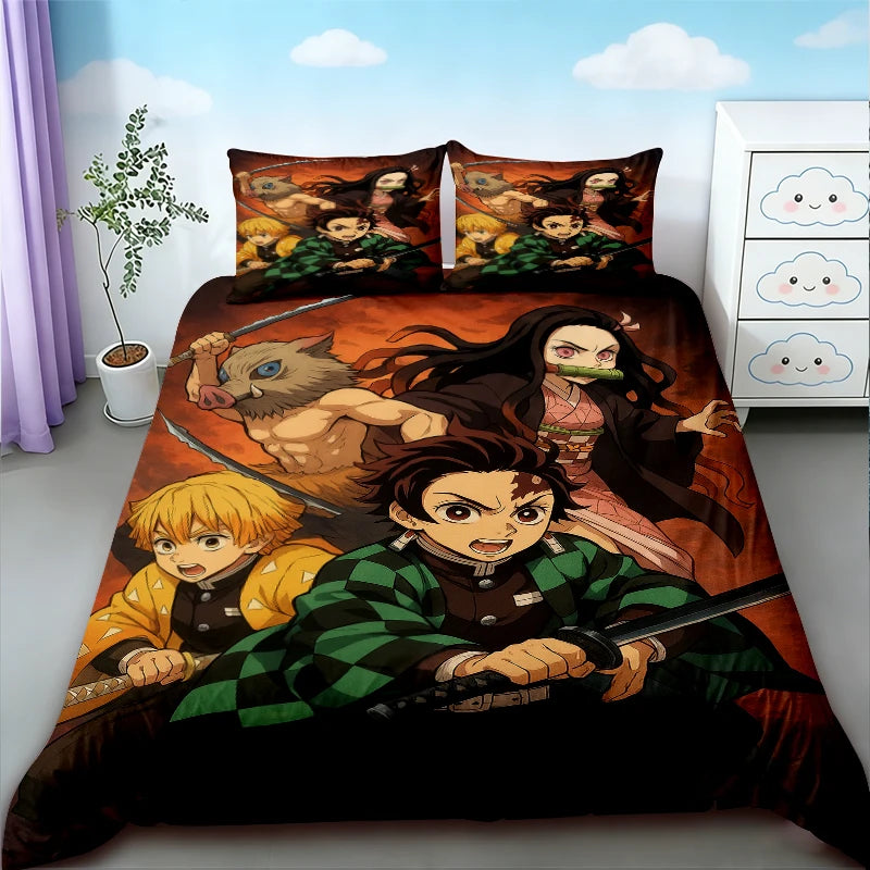 Anime Demon Slayer duvet cover set featuring characters from the series on a dark background