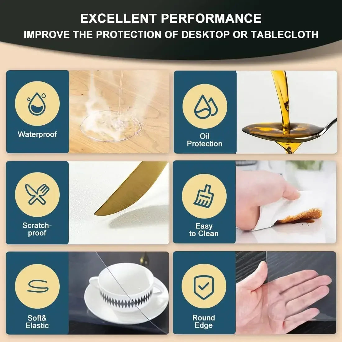 A set of clear PVC table protectors demonstrating waterproof, scratch-proof, easy-to-clean, soft and elastic, round-edged mat