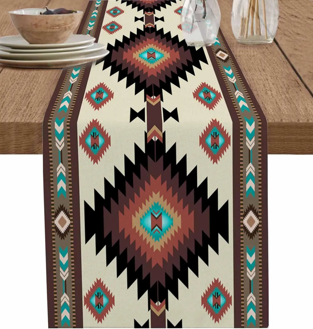 A bohemian linen table runner featuring an Indian-inspired geometric print in shades of brown, teal, and beige.