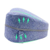 A blue memory foam heart leg pillow with green arrows indicating support lines.