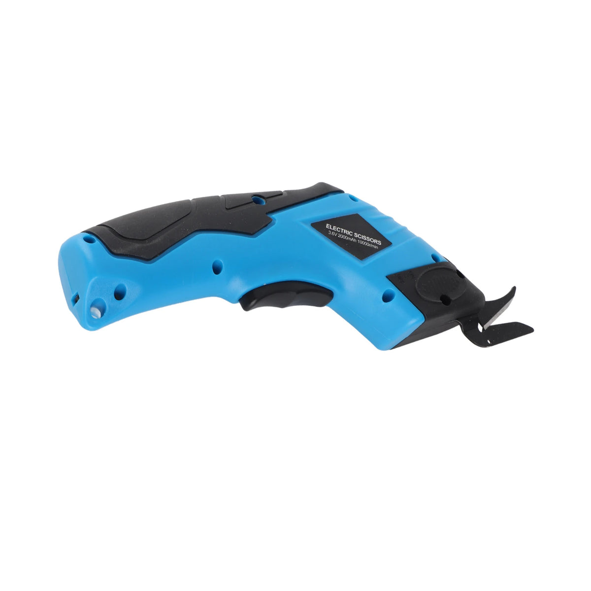 Blue and black cordless electric scissors for fabric, carpet, and leather cutting