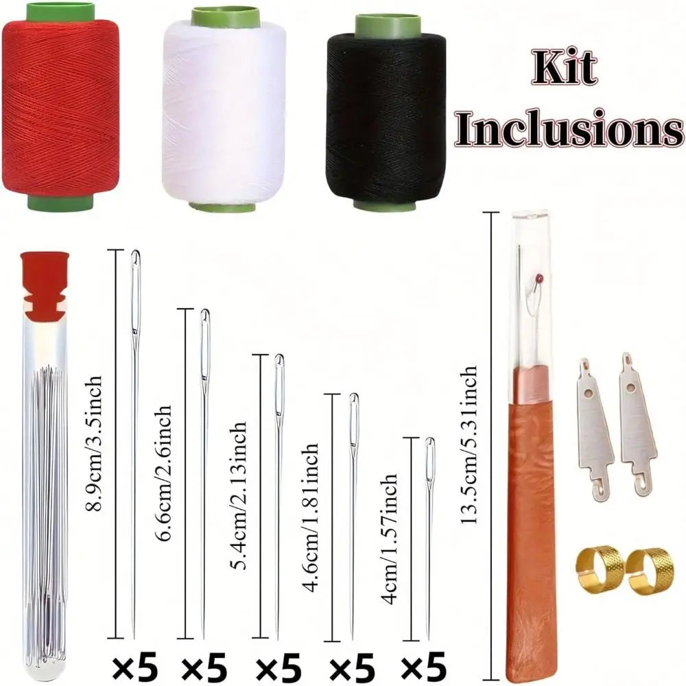 A kit of premium stainless steel sewing needles and accessories including various sizes and a storage case.