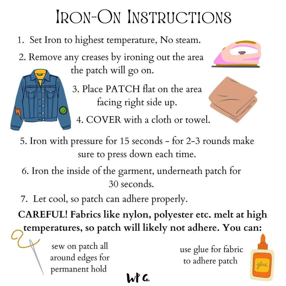 Instructions for using an iron-on patch to repair fabric, showing steps like setting temperature and pressing.