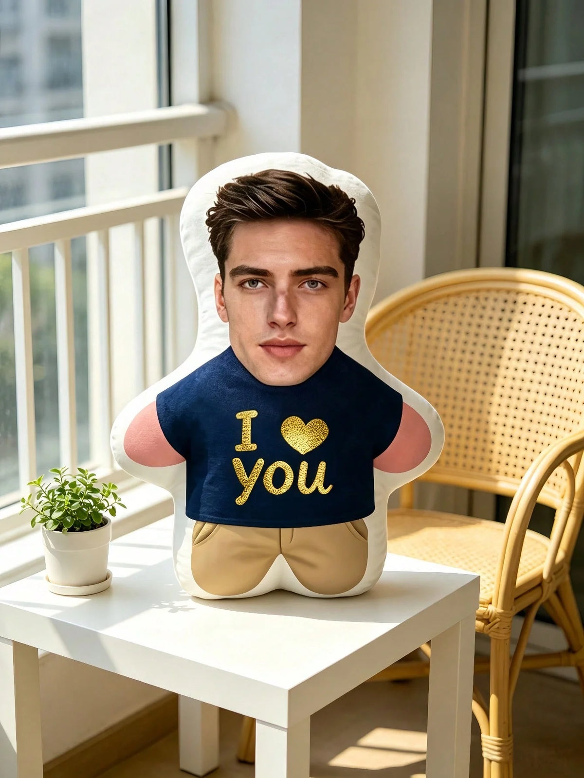 A man's face is printed on a soft, white pillow with a dark blue shirt and gold heart detail.