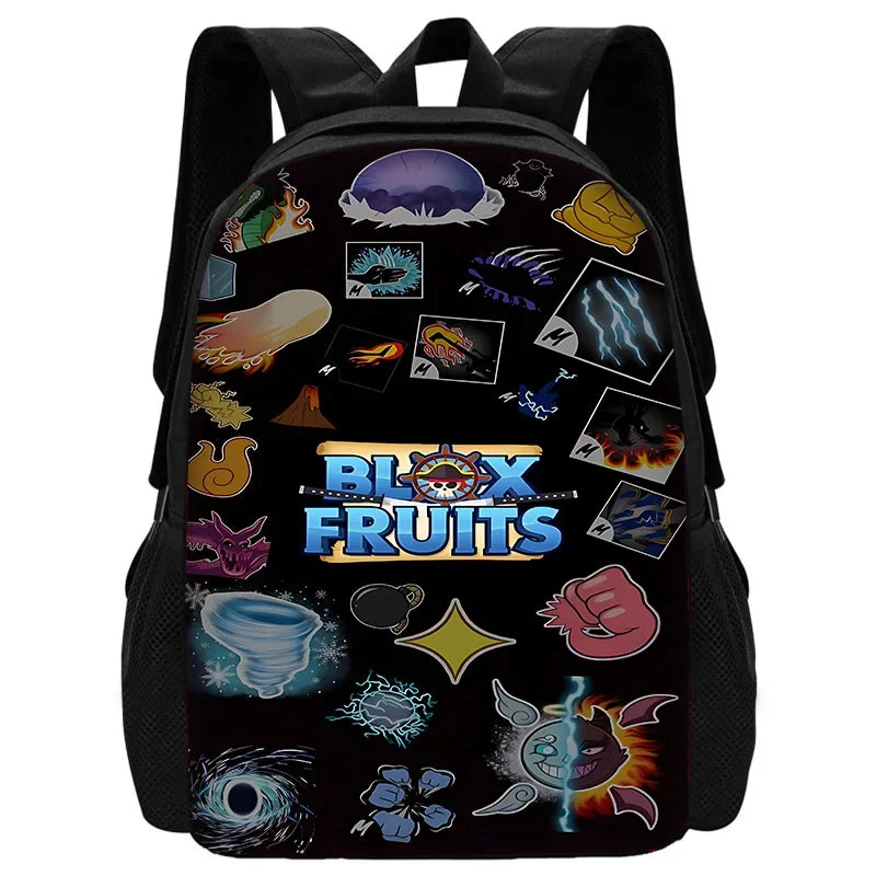 A black backpack featuring various cartoon fruits and school-themed designs.