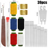 Precision sewing kit featuring hand needles, a thimble, and a threader set with various colored threads and components.