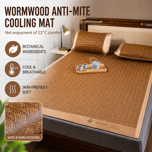 A brown woven anti-mite cooling mat placed on a bed, highlighting botanical ingredients and skin-friendly softness.