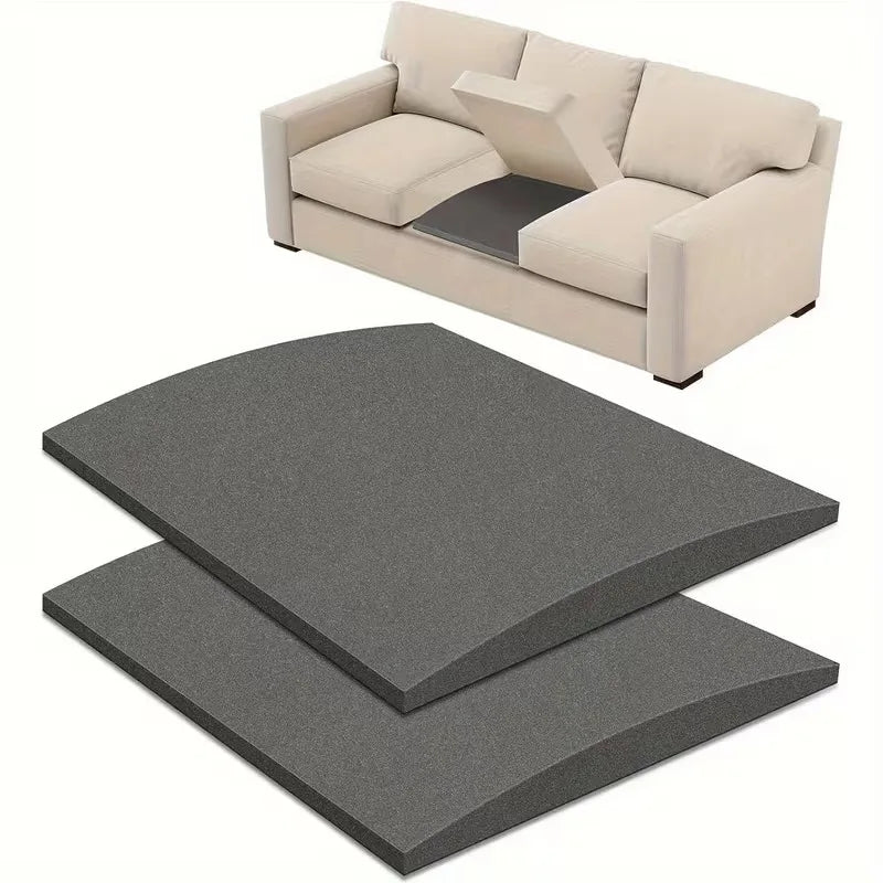 A beige sofa cushion repair pad is shown alongside a dark gray rectangular pad.