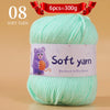 A ball of light mint green soft yarn labeled as 08 Soft Yarn for handmade knitting thread.