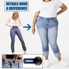 A woman models light wash jeans with adjustable waist buttons and a no-sew pant waist expander.