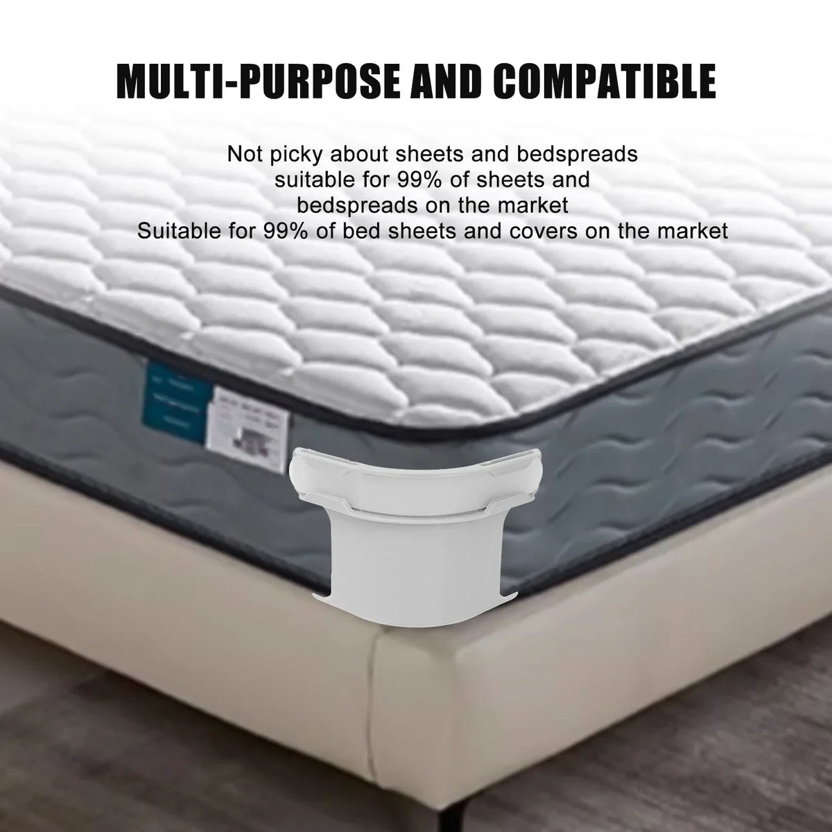White invisible corner tightening clips used to secure bed sheets and covers on a mattress or sofa.