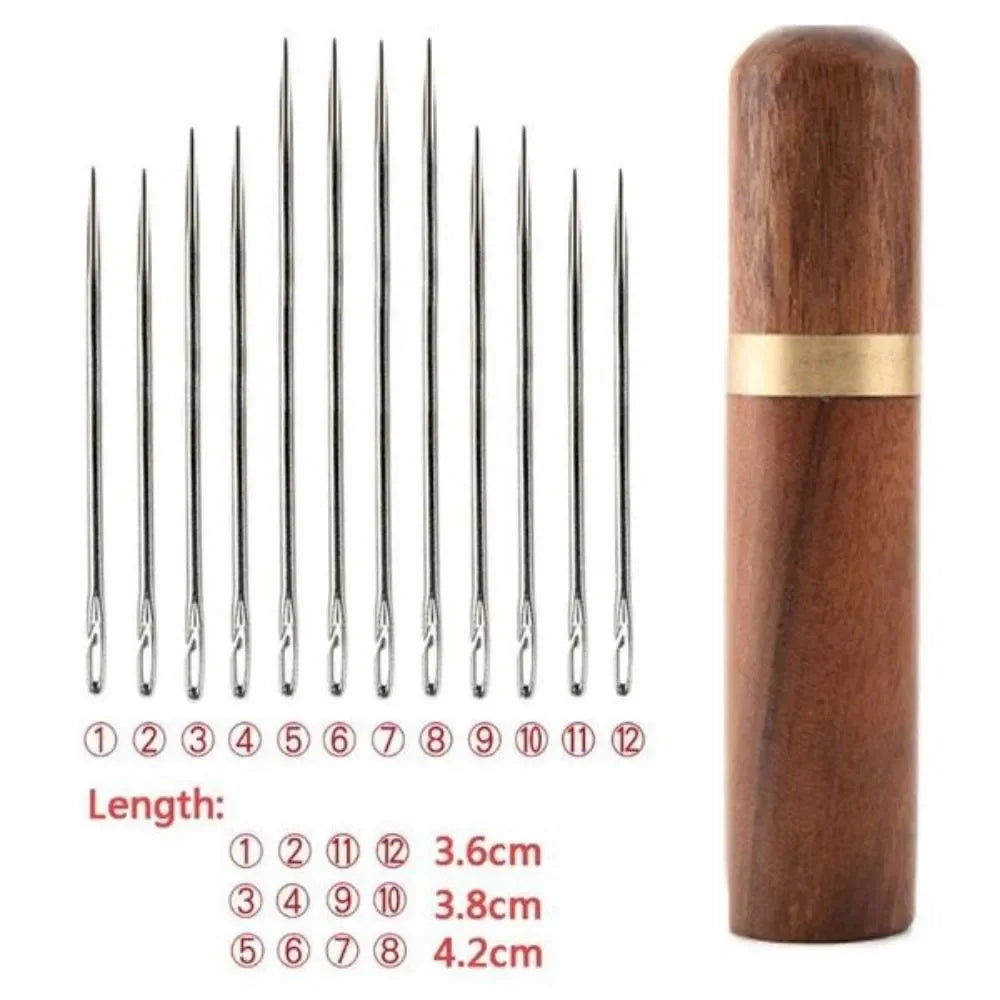 A wooden tube containing twelve stainless steel sewing needles, with a length scale provided.