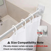 White self-adhesive curtain rod clips mounted on a wall, showing the size compatibility note.