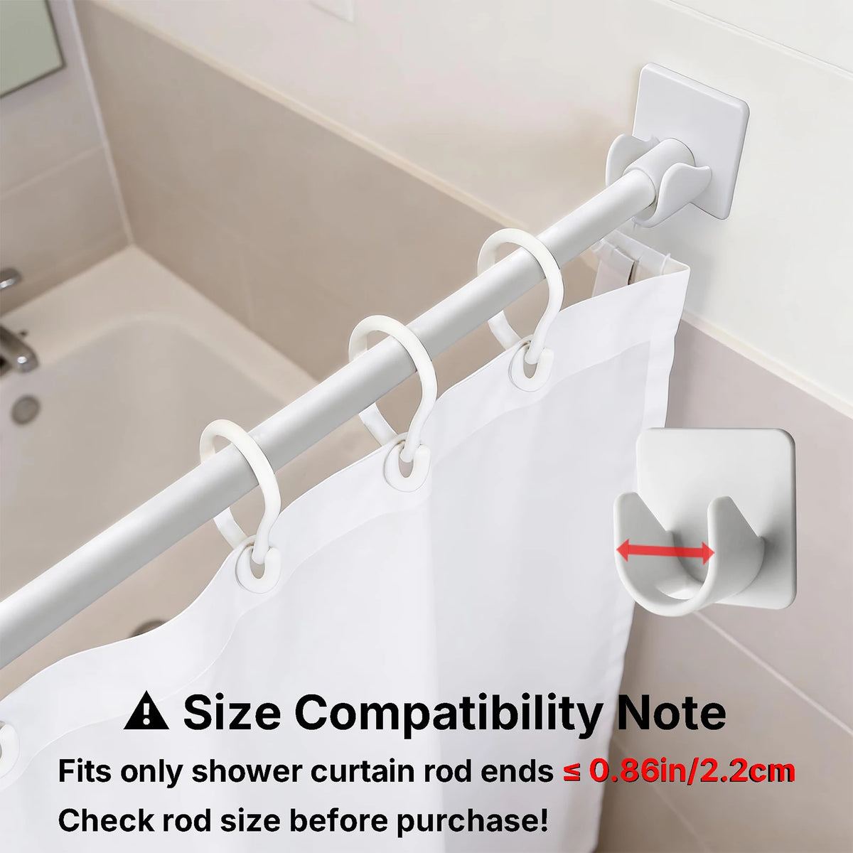 White self-adhesive curtain rod clips mounted on a wall, showing the size compatibility note.