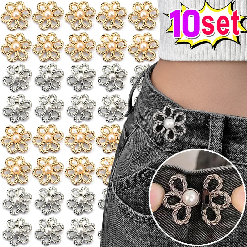 A set of 10 adjustable metal flower clips in gold and silver colors for decorating pants and jeans.