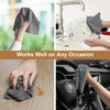 Reusable microfiber cleaning wipes being used to clean a kitchen faucet and a car interior.