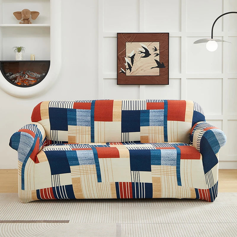 A colorful stretch floral elastic sofa cover featuring geometric patterns in blue, orange, and beige.