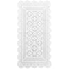 White lace table runner with a decorative geometric pattern and scalloped edges