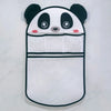 A white and black panda-themed mesh storage bag for baby bath organizer.