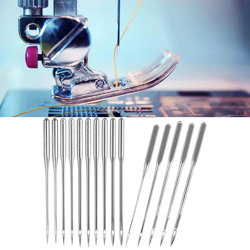 A set of sharp, silver sewing machine needles arranged in a row.