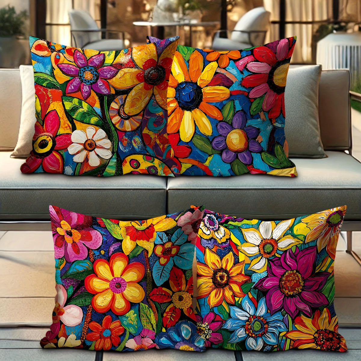 A pair of vibrant floral patterned decorative pillow covers featuring colorful flowers and leaves.