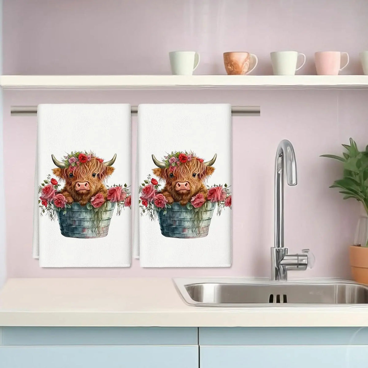 A set of kitchen towels featuring a floral design of a rose in a bucket on a white background.